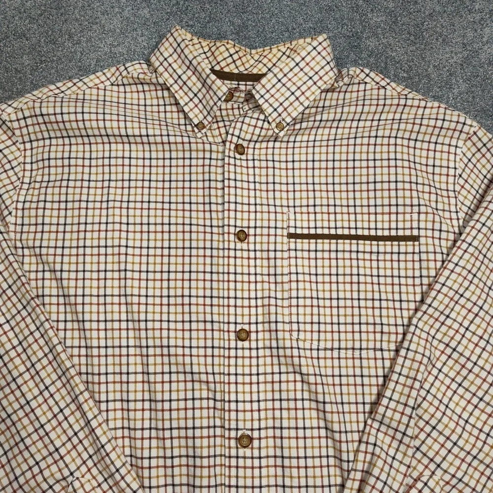 Cabelas Mens Long Sleeve Plaid Button Up Shirt Brown Tan Pocket Casual L
